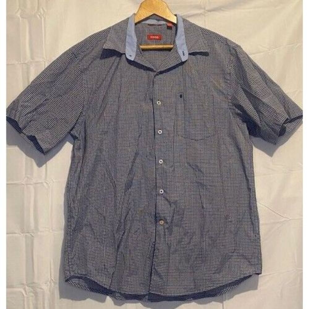IZOD Mens LARGE Plaid BLUE‎ Button Down SHORT Sleeve Shirt